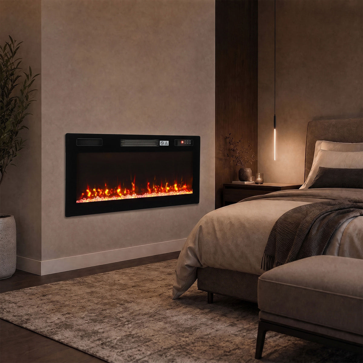 92cm Slim Electric Fireplace | Wall Mounted, Recessed or Freestanding | 900/1800W, 12 Flame Colours, Remote & 7-Day Programme | Black