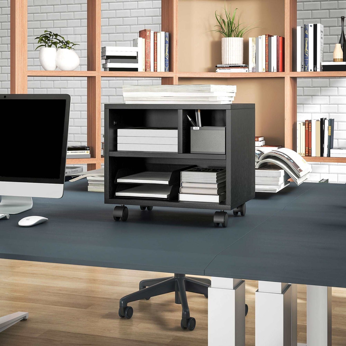 2-Tier Printer Stand with Storage, Under Desk Printer Cart on Wheels with 3 Compartments, Desktop Printer Table for Home Office, Black