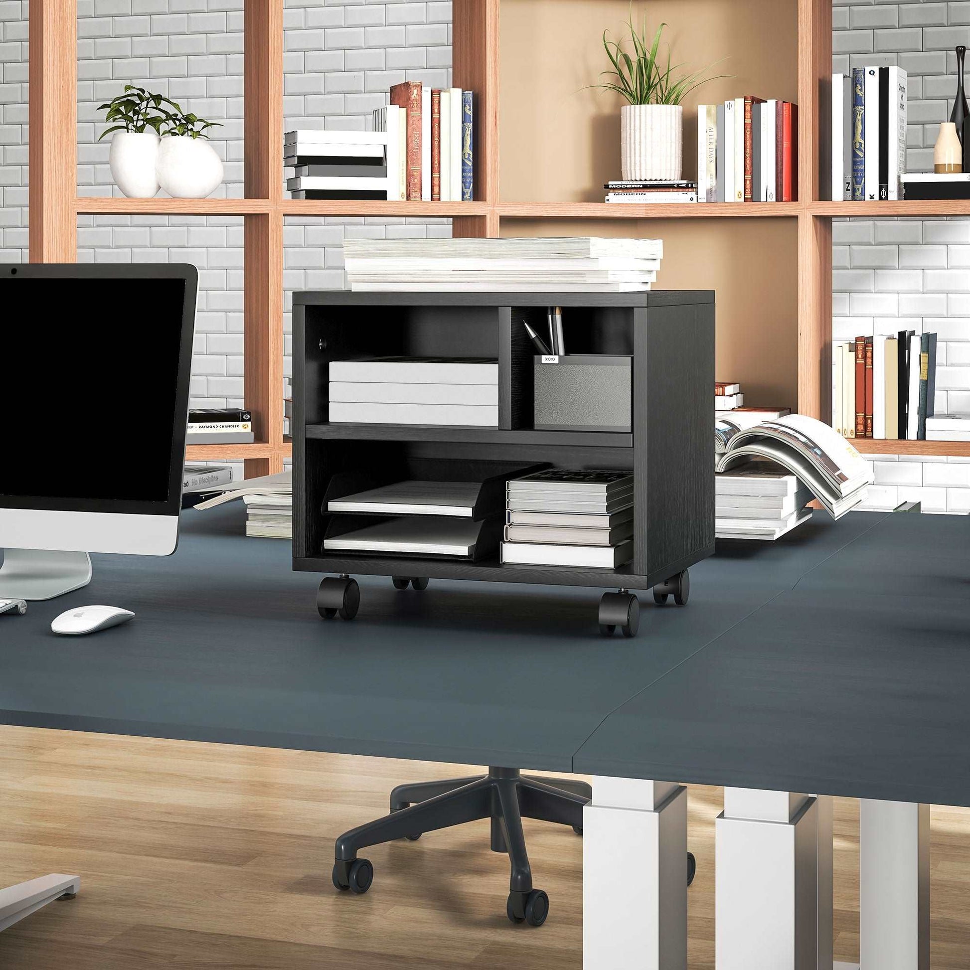 2-Tier Printer Stand with Storage, Under Desk Printer Cart on Wheels with 3 Compartments, Desktop Printer Table for Home Office, Black