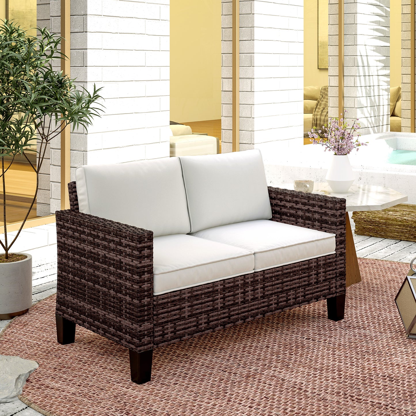 2-Seater Rattan Outdoor Sofa | 8cm Washable Cushions | Galvanised Steel Frame | Adjustable Feet | 240kg | Brown Rattan & Cream Cushions