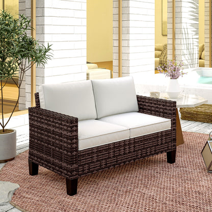 2-Seater Rattan Outdoor Sofa | 8cm Washable Cushions | Galvanised Steel Frame | Adjustable Feet | 240kg | Brown Rattan & Cream Cushions