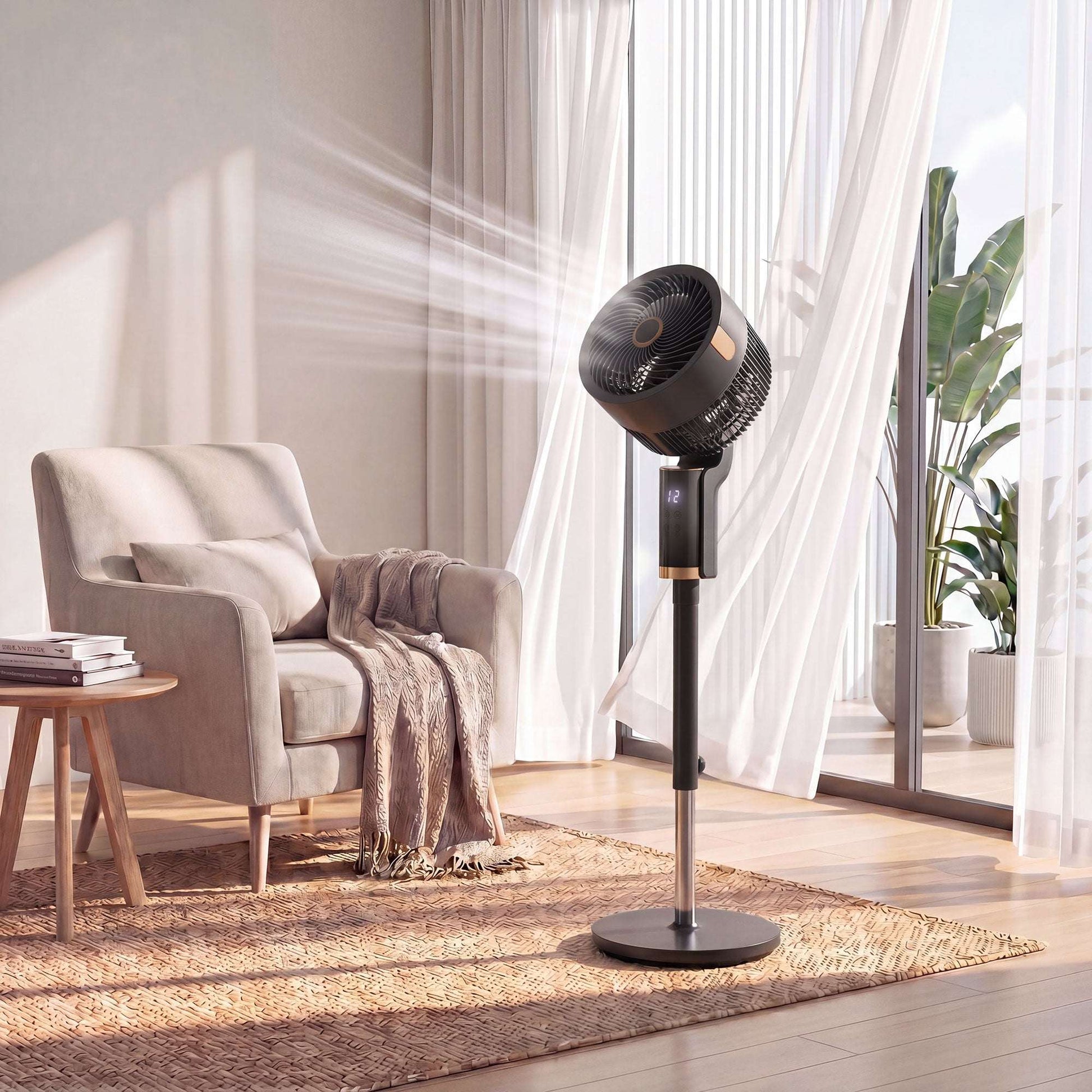 Pedestal Standing Fan | 20dB Sleep Mode | 8 Speeds | 9.5m³/min Airflow | 3D Oscillation | Aromatherapy Pad | Blue Mood Light | Detachable Grill | 5m Remote | 12H Timer | 50W | 110cm | Black & Gold