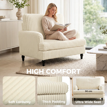 Corduroy Accent Armchair | Stripe Design | Turned Rubberwood Legs | 12cm Seat Cushion | 24cm Back Cushion | Adjustable Non-Slip Feet | 120kg | 115x82x82cm | Cream / Black