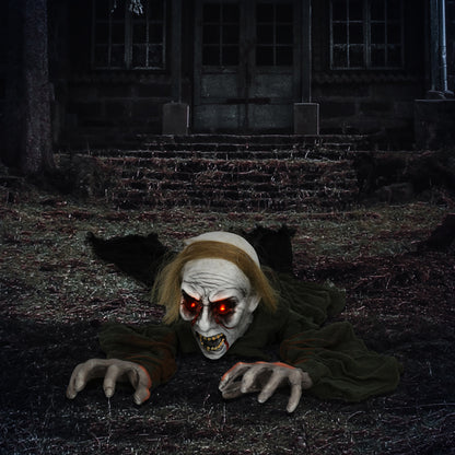 167 cm Outdoor Halloween Decoration Crawling Zombie, Animated Prop Decor with Sound Activated, Light Up Eyes