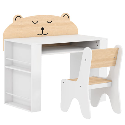 AIYAPLAY Kids Desk & Chair Set | White & Wood-Grain Bear Design | 80cm Tabletop, Side Bookshelves & Open Storage | Ages 3–8