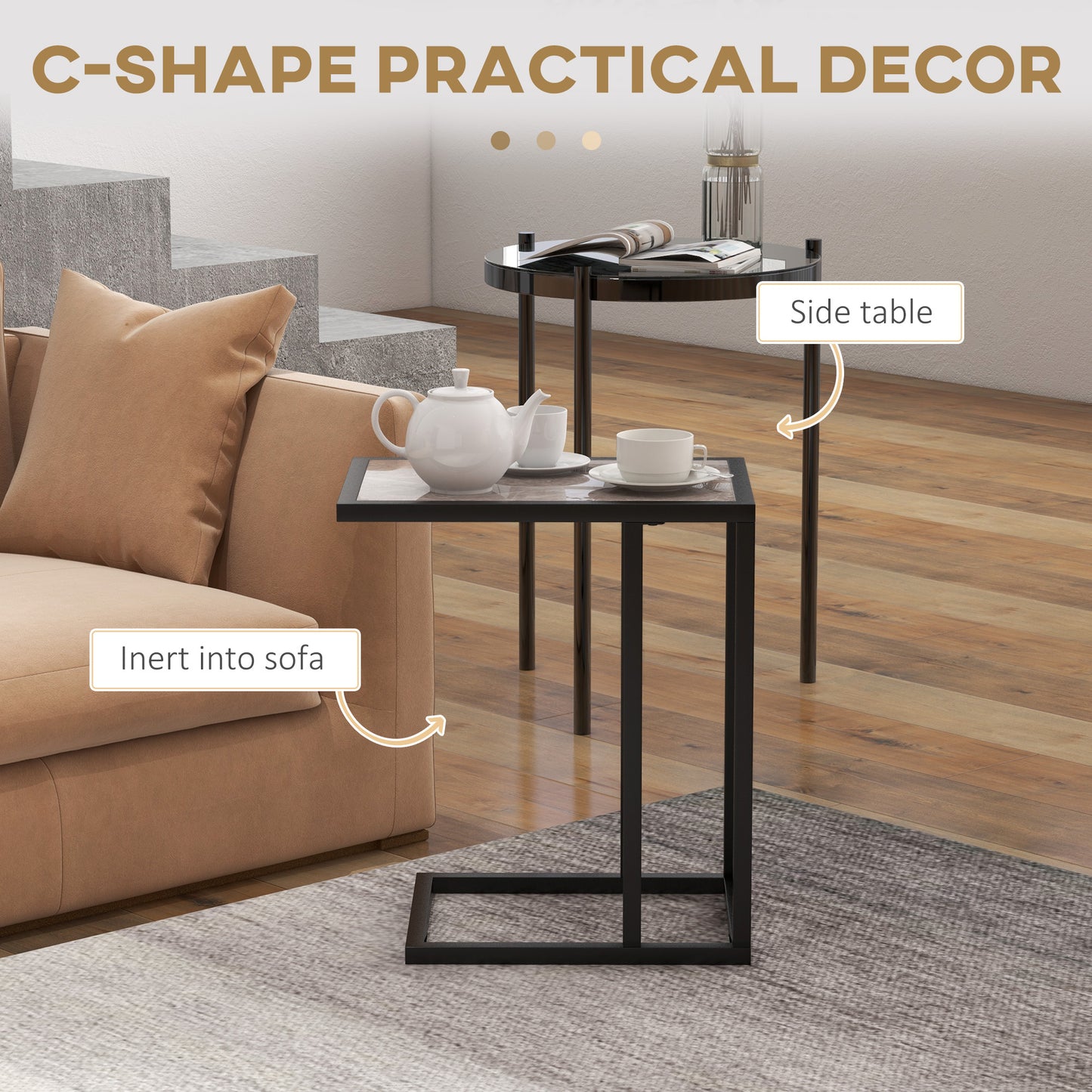 C Shape Bedside Table w/Metal Frame Marble-Effect Top Sofa Narrow Snack End Table for Living Room, Grey