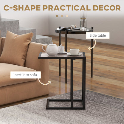 C Shape Bedside Table w/Metal Frame Marble-Effect Top Sofa Narrow Snack End Table for Living Room, Grey