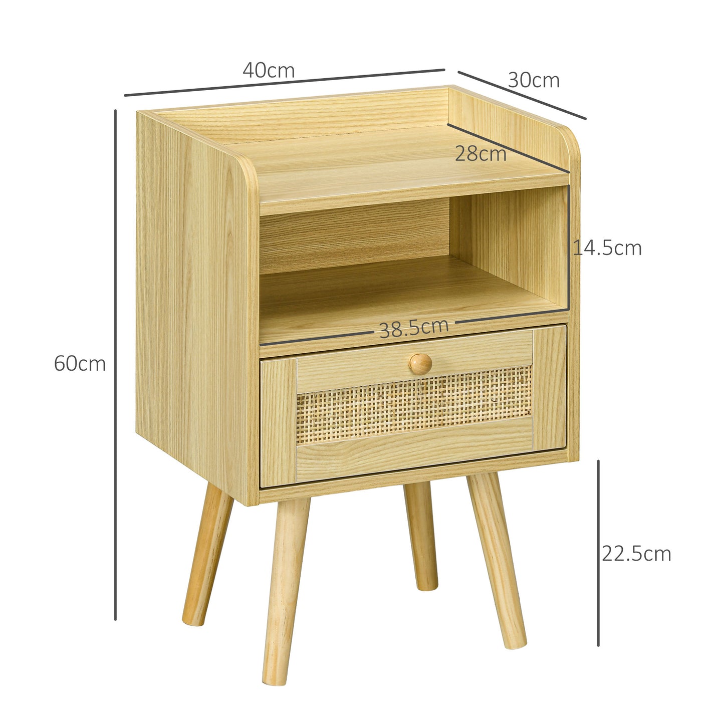 Bedside Table Set of 2, Boho Nightstand with Drawer, Storage Compartment, Natural Wood Finish