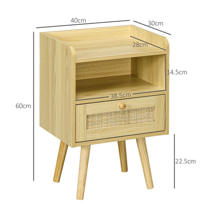 Bedside Table Set of 2, Boho Nightstand with Drawer, Storage Compartment, Natural Wood Finish