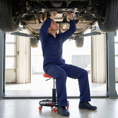 Rolling Mechanical Workshop Stool | Pneumatic Height Adjust | Tool Tray | PU Padded Seat | 110kg | Orange