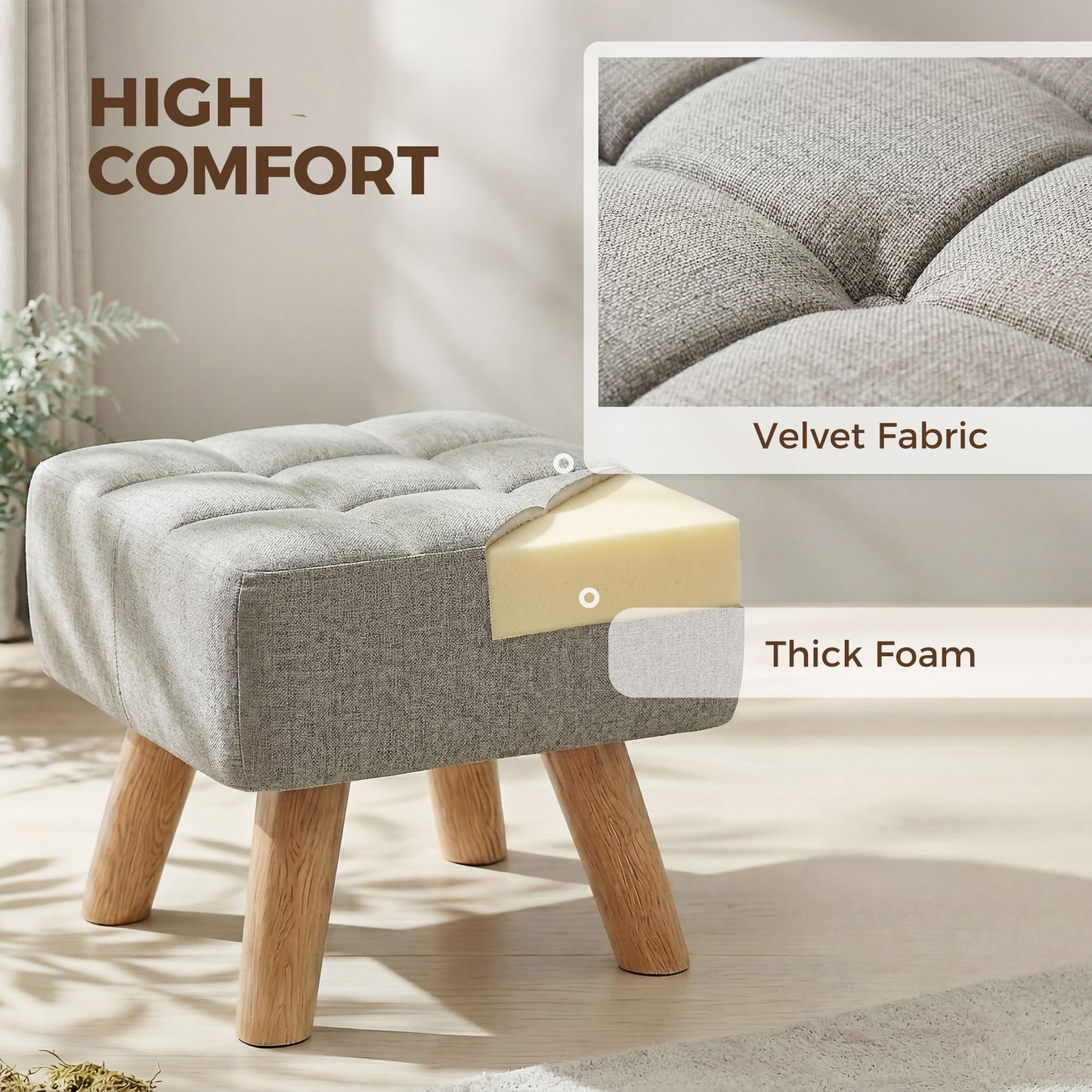 Square Padded Footstool Ottoman Pouffe | Tufted Linen-Look | Light Brown