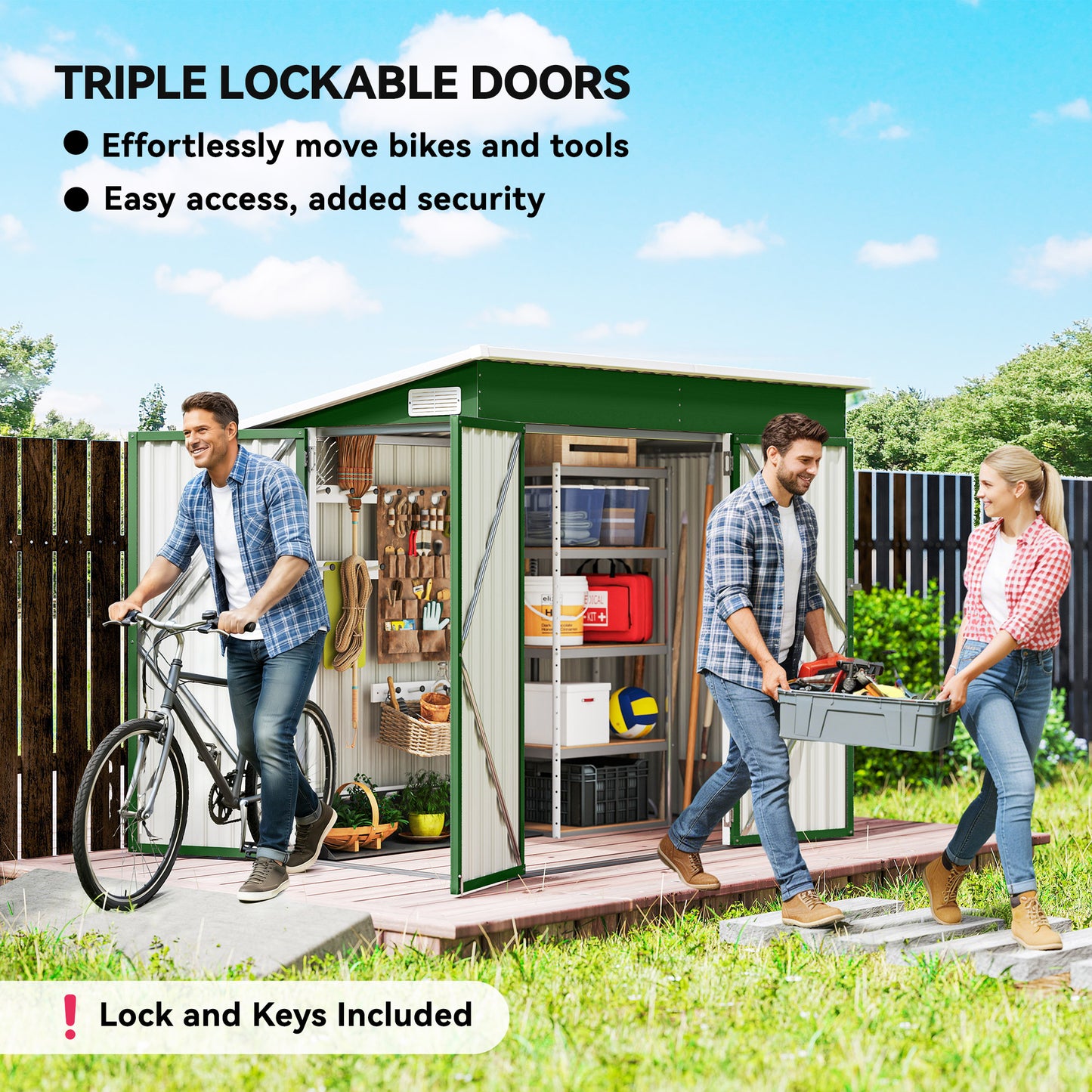 Galvanised Steel Garden Storage Shed | Triple Lockable Access | Double Front Doors & Side Door | Powder-Coated | Ventilation Slots | Sloped Roof | 25kg/m² Snow Load | 234x132x185cm | 2.68m² | Green