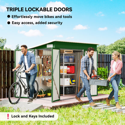 Galvanised Steel Garden Storage Shed | Triple Lockable Access | Double Front Doors & Side Door | Powder-Coated | Ventilation Slots | Sloped Roof | 25kg/m² Snow Load | 234x132x185cm | 2.68m² | Green