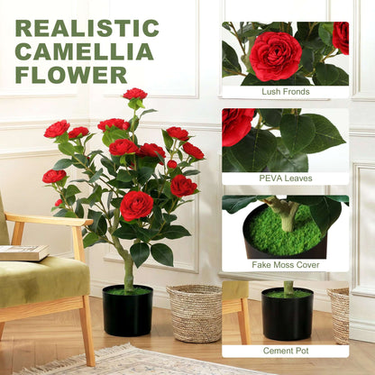 Artificial Camellia Flower Plant | 65cm | 116 PEVA Leaves | Red Silk Blossoms | Moss Effect | Cement Pot | Shapeable | No Maintenance
