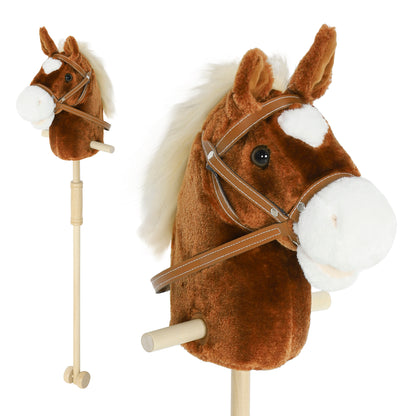 AIYAPLAY Stick Hobby Horse | Brown | Polyester Fabric Poplar Wood | 95cm | Neighing & Galloping Sounds | Wooden Wheels | Grip Handle | EN71 | 3x LR44 Included | Indoor Outdoor | Age 2+