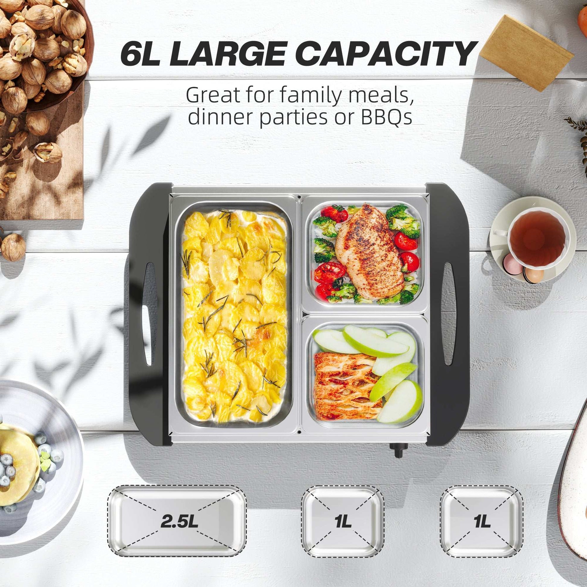Electric Food Warmer 4 Tray, 6L Portable Buffet Server and Warming Tray with Lids, Adjustable Temperature Control and Cool Touch Handles, 200W, 2 x 2.5L and 1 x 1L