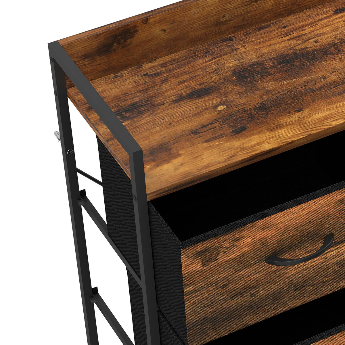 Rustic Chest of Six Fabric Drawers | Rustic Brown & Black | Linen Fabric Steel Particleboard | 80x29x85cm | 35kg Max Load | Adjustable Feet | Industrial Style | Bedroom Storage