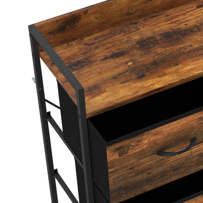 Rustic Chest of Six Fabric Drawers | Rustic Brown & Black | Linen Fabric Steel Particleboard | 80x29x85cm | 35kg Max Load | Adjustable Feet | Industrial Style | Bedroom Storage