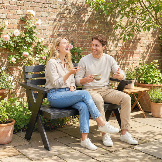 2-Seater Wooden Garden Bench | X-Frame Legs | Armrest & Backrest | 240kg | Fir Wood | Black