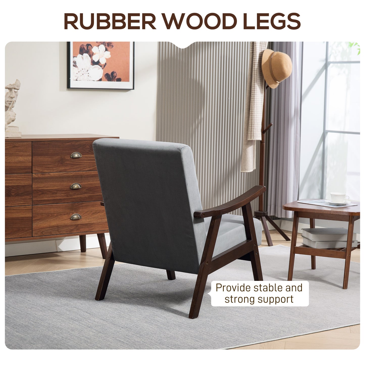 Retro Vintage Style Nordic Accent Chair, Upholstered Velvet Armchair with Solid Wood Frame and Soft Thick Padded for Living Room, Bedroom