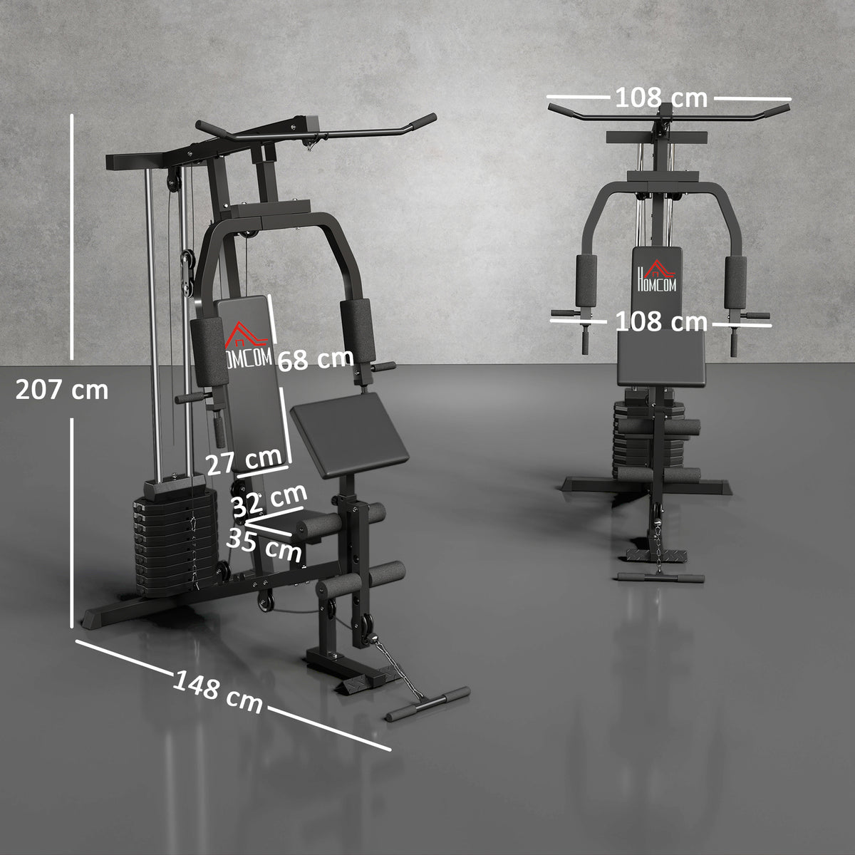 Multi Gym Station | Black | 148x108x207cm | 45kg Weight Stack | 10 Blocks | Chest Press | Butterfly Press | Leg Developer | 0-90° Arm Rotation | 120kg Max | Steel & PU