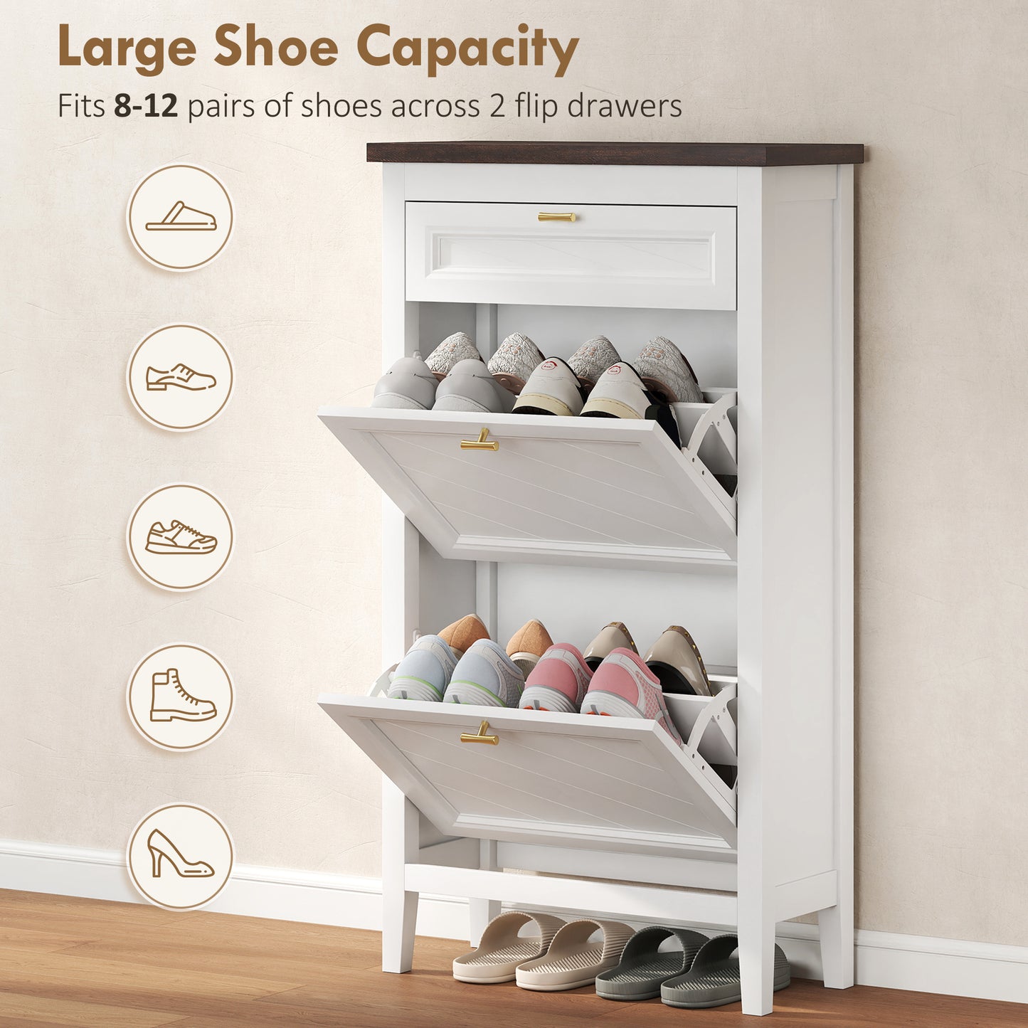 Farmhouse Narrow Shoe Cabinet | 2 Flip Drawers + Top Drawer | Gold Handles | White | 108.5cm