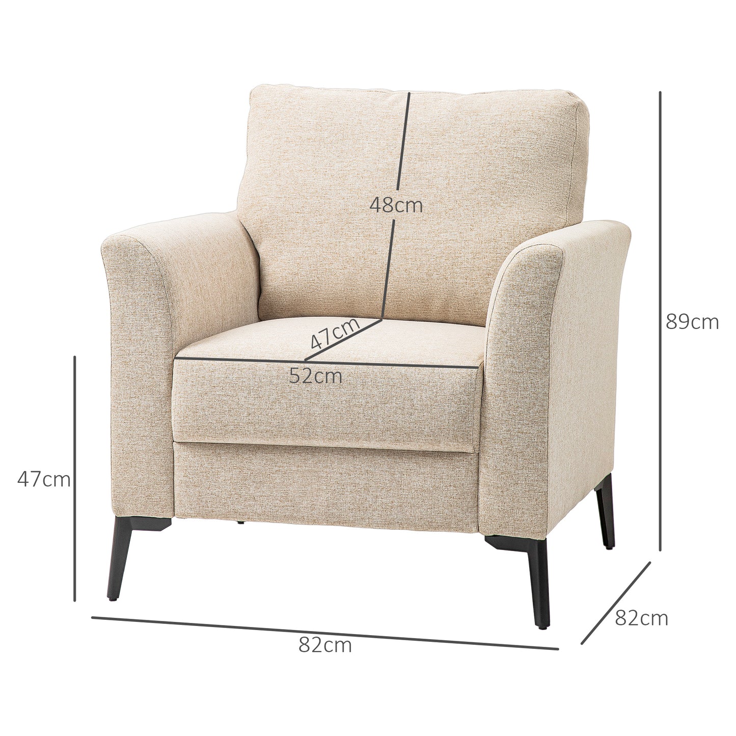 Modern Armchair, Linen Fabric Upholstered Accent Chair with Metal Legs, Wood Frame and Padded Cushion for Living Room Bedroom Office