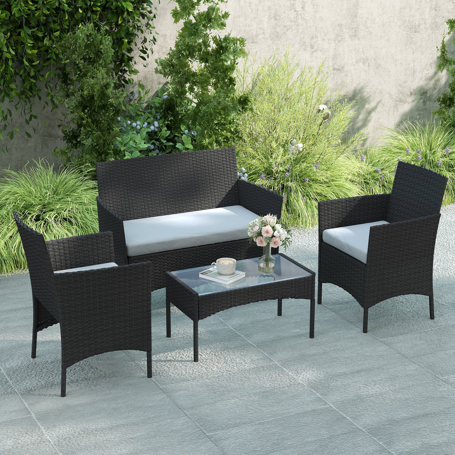 4-Piece PE Rattan Garden Sofa Set | Loveseat | 2 Armchairs | Tempered Glass Coffee Table | Powder-Coated Steel Frame | 2000h UV-Resistant PE Rattan | 5cm Zip Cushions | Protective Foot Pads | 240kg Loveseat Capacity | Black