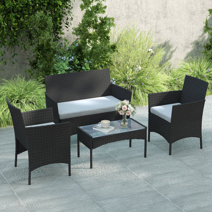 4-Piece PE Rattan Garden Sofa Set | Loveseat | 2 Armchairs | Tempered Glass Coffee Table | Powder-Coated Steel Frame | 2000h UV-Resistant PE Rattan | 5cm Zip Cushions | Protective Foot Pads | 240kg Loveseat Capacity | Black