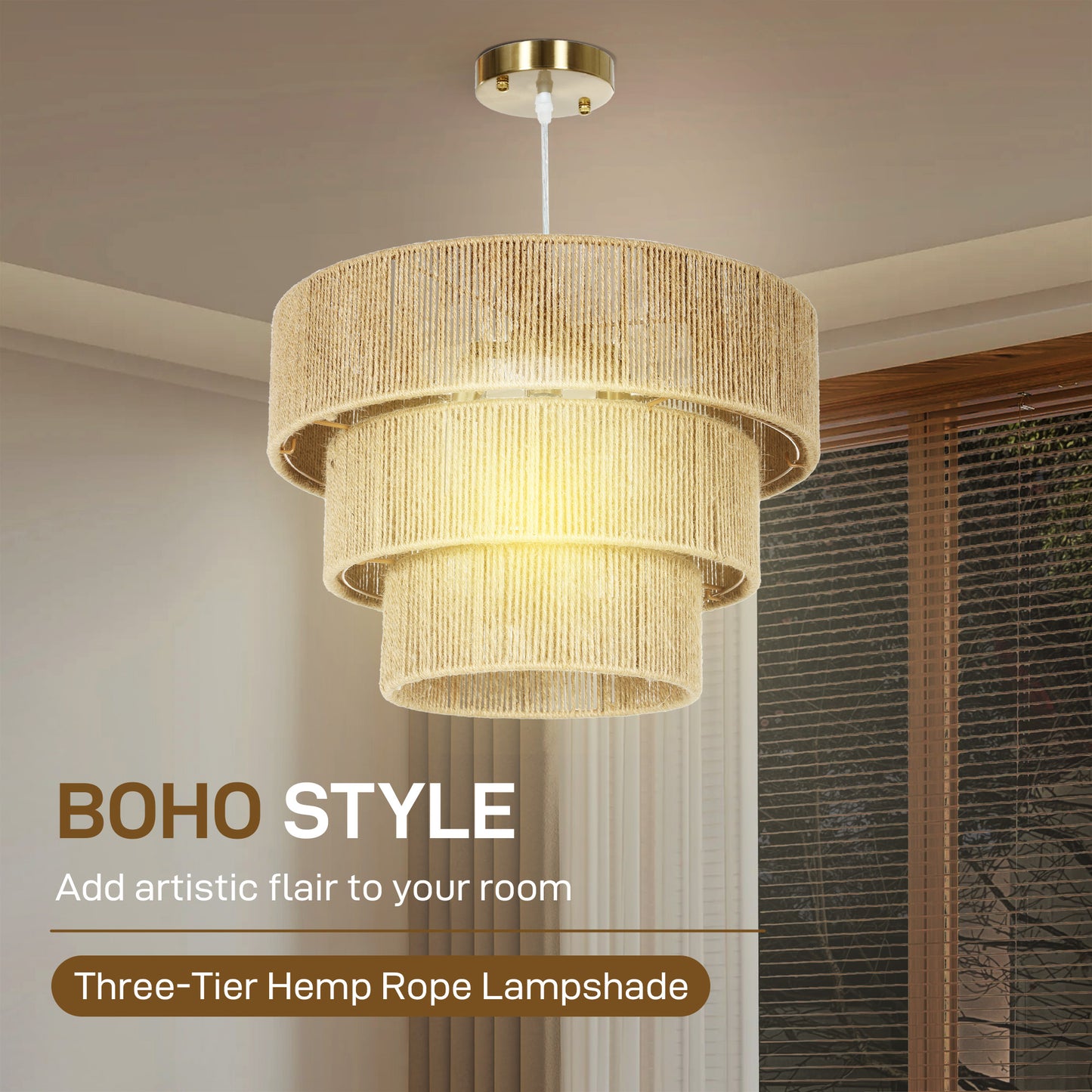 Hemp Rope Pendant Light, 3-Layer Boho Ceiling Light Shade, E14 Vintage Lampshade for Living Room, Bedroom, Kitchen, Hallway, Light Brown