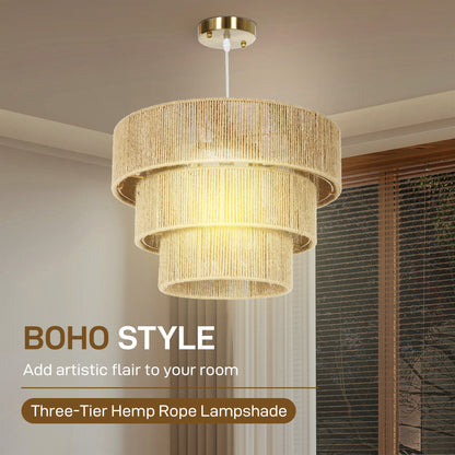Hemp Rope Pendant Light, 3-Layer Boho Ceiling Light Shade, E14 Vintage Lampshade for Living Room, Bedroom, Kitchen, Hallway, Light Brown