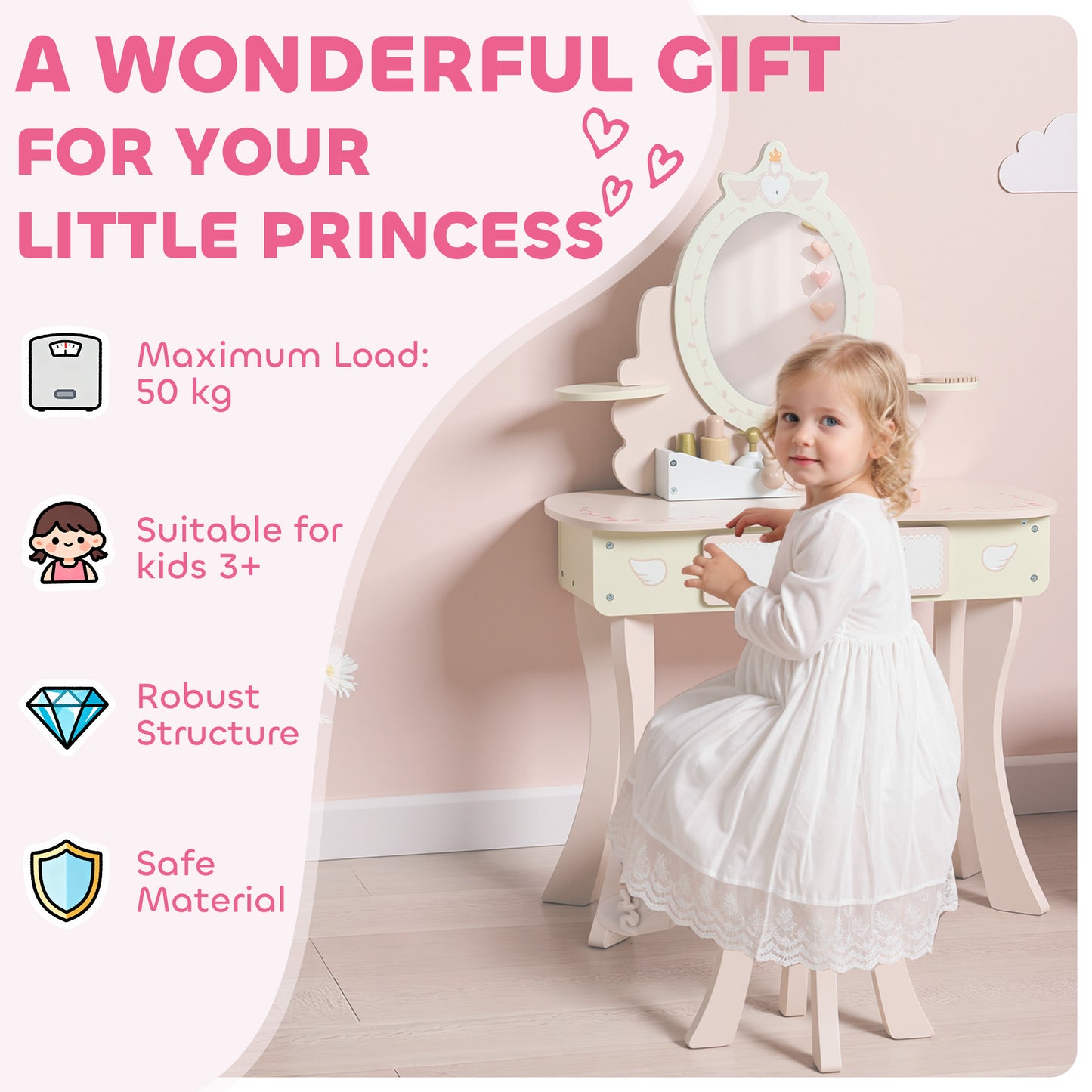 AIYAPLAY Kids Dressing Table, Girls Vanity Set with Mirror and Stool, 7 Play Accessories, Drawer, Desktop Storage, Pink