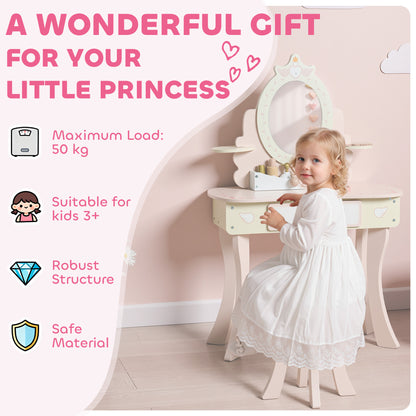 AIYAPLAY Kids Dressing Table, Girls Vanity Set with Mirror and Stool, 7 Play Accessories, Drawer, Desktop Storage, Pink