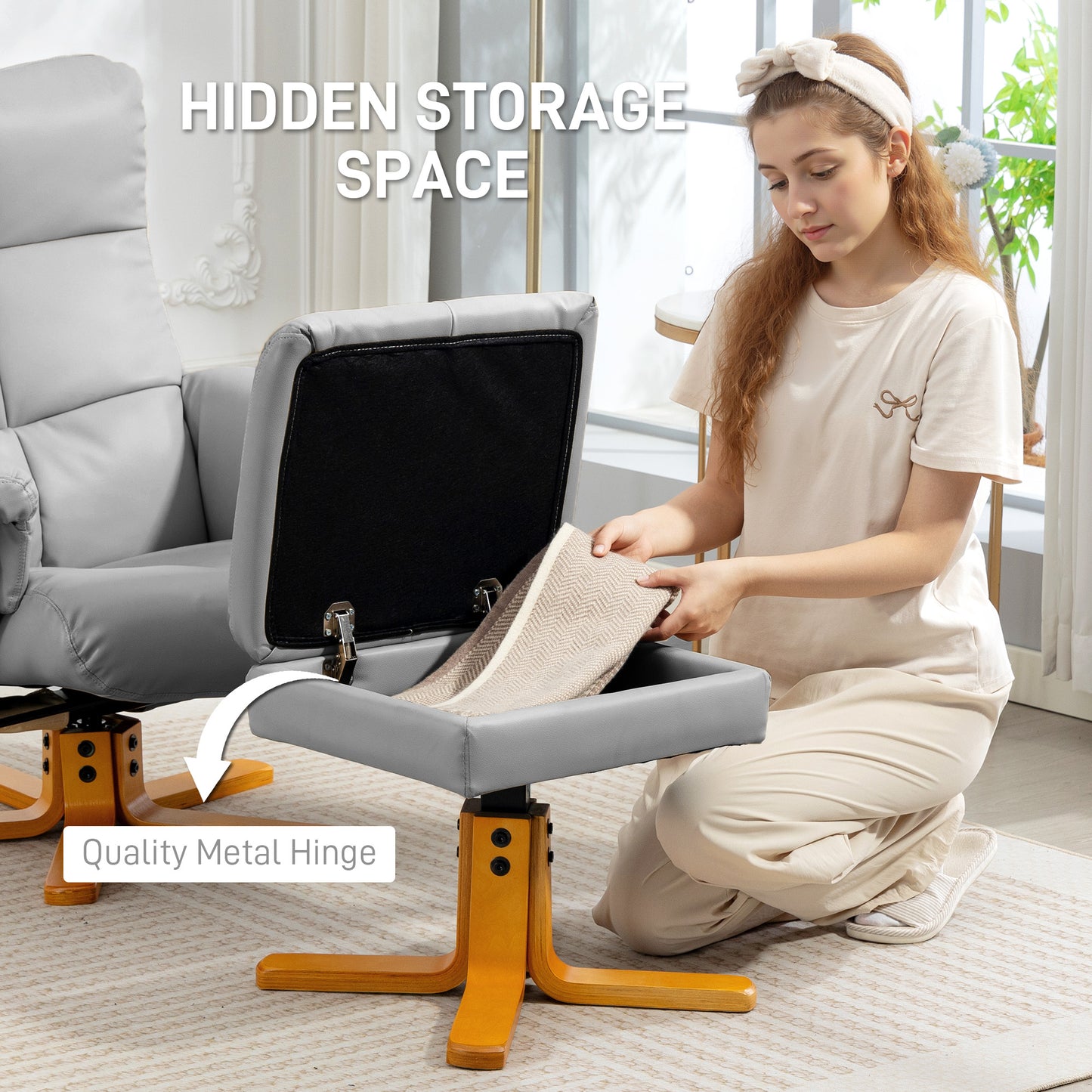 PU Leather Swivel Recliner Chair with Footstool, Wooden Base and Storage for Living Room, Light Grey