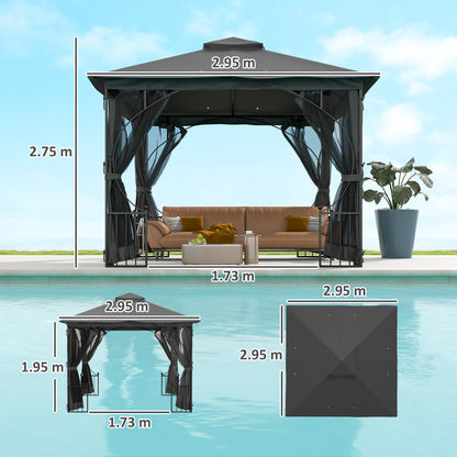 Outsunny 3 x 3(m) Garden Gazebo Patio Party Tent Shelter Outdoor Canopy Double Tier Sun Shade Metal Frame Netting, Dark Grey