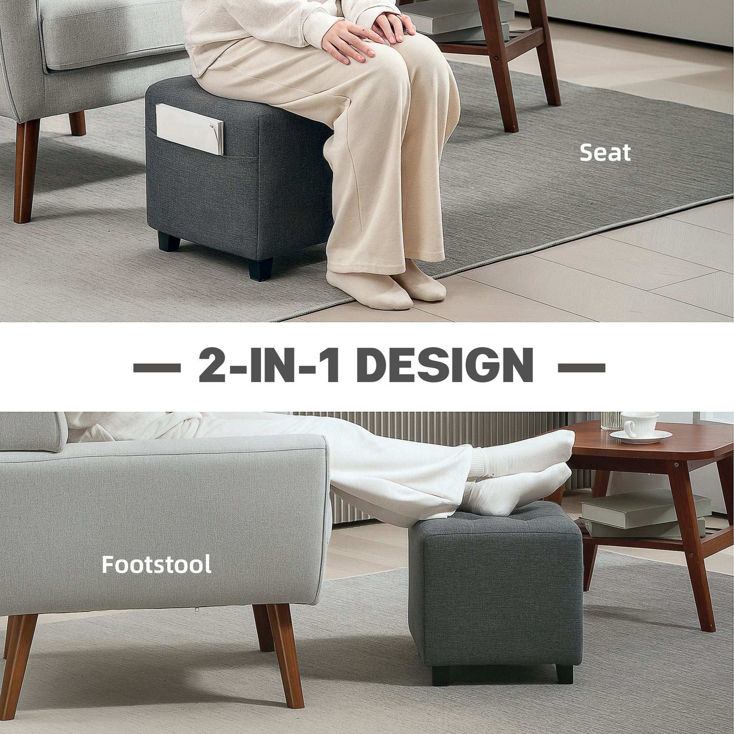 Square Footstool, Small Ottoman with Side Pocket, Linen Fabric Foot Stool W/ Rubber Wood Legs and Pad Seat for Living Room, 35 x 35 x 35cm, Grey