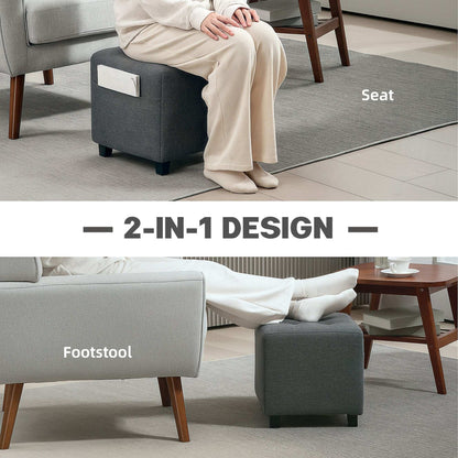 Square Footstool, Small Ottoman with Side Pocket, Linen Fabric Foot Stool W/ Rubber Wood Legs and Pad Seat for Living Room, 35 x 35 x 35cm, Grey