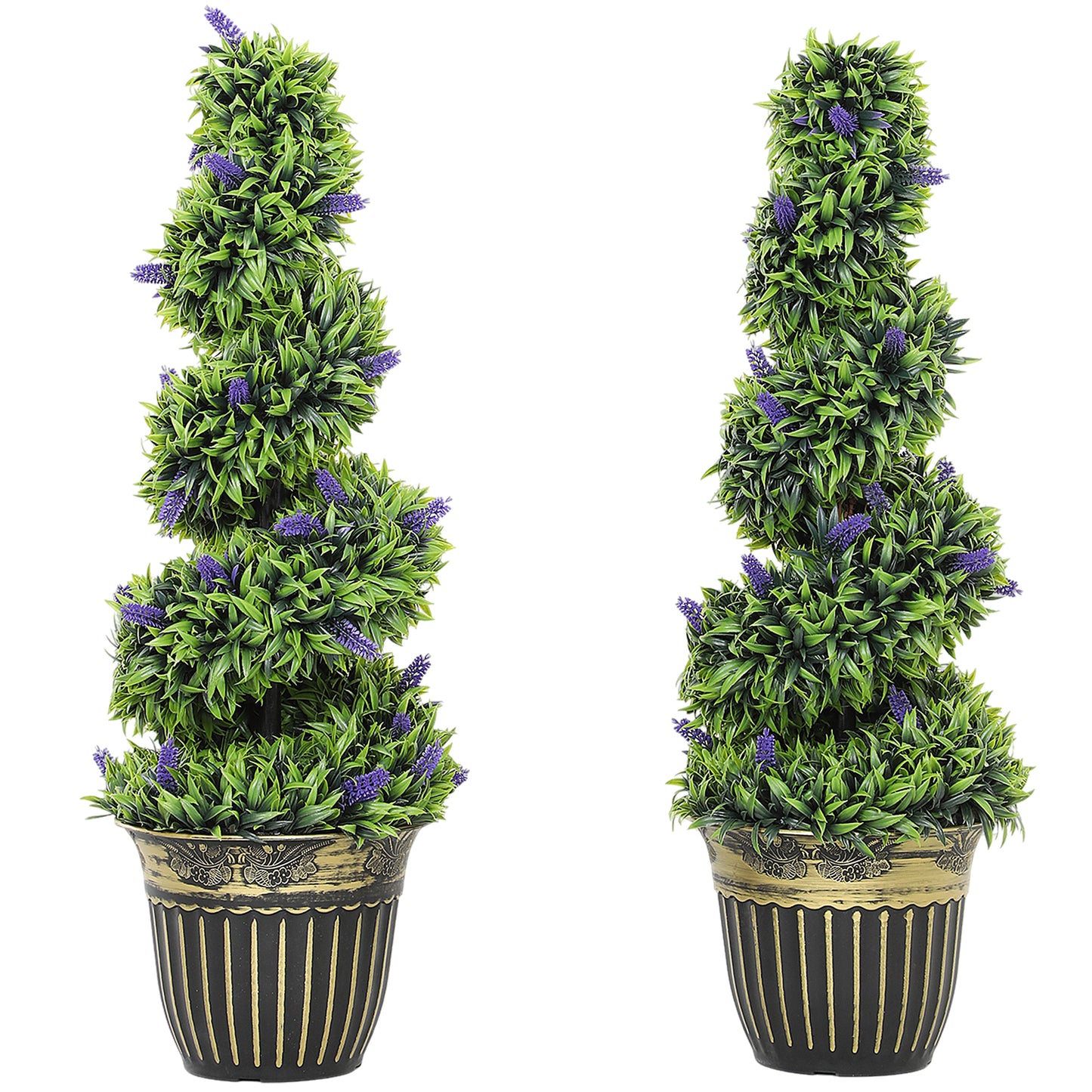 Set of 2 Decorative Artificial Plants, Boxwood Spiral Topiary Tree with Lavender and Pot, Fake Plants for Home Decor, 90cm