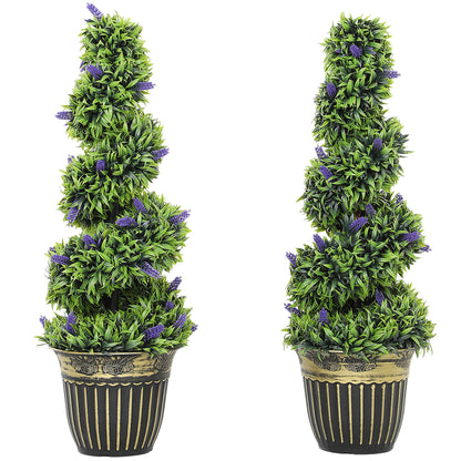 Set of 2 Decorative Artificial Plants, Boxwood Spiral Topiary Tree with Lavender and Pot, Fake Plants for Home Decor, 90cm