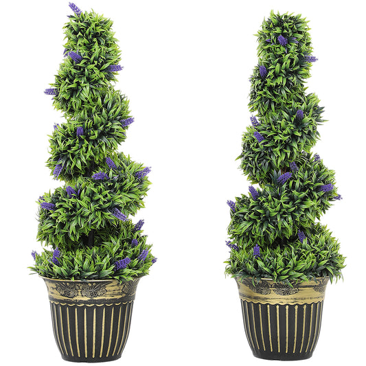 Set of 2 Decorative Artificial Plants, Boxwood Spiral Topiary Tree with Lavender and Pot, Fake Plants for Home Decor, 90cm