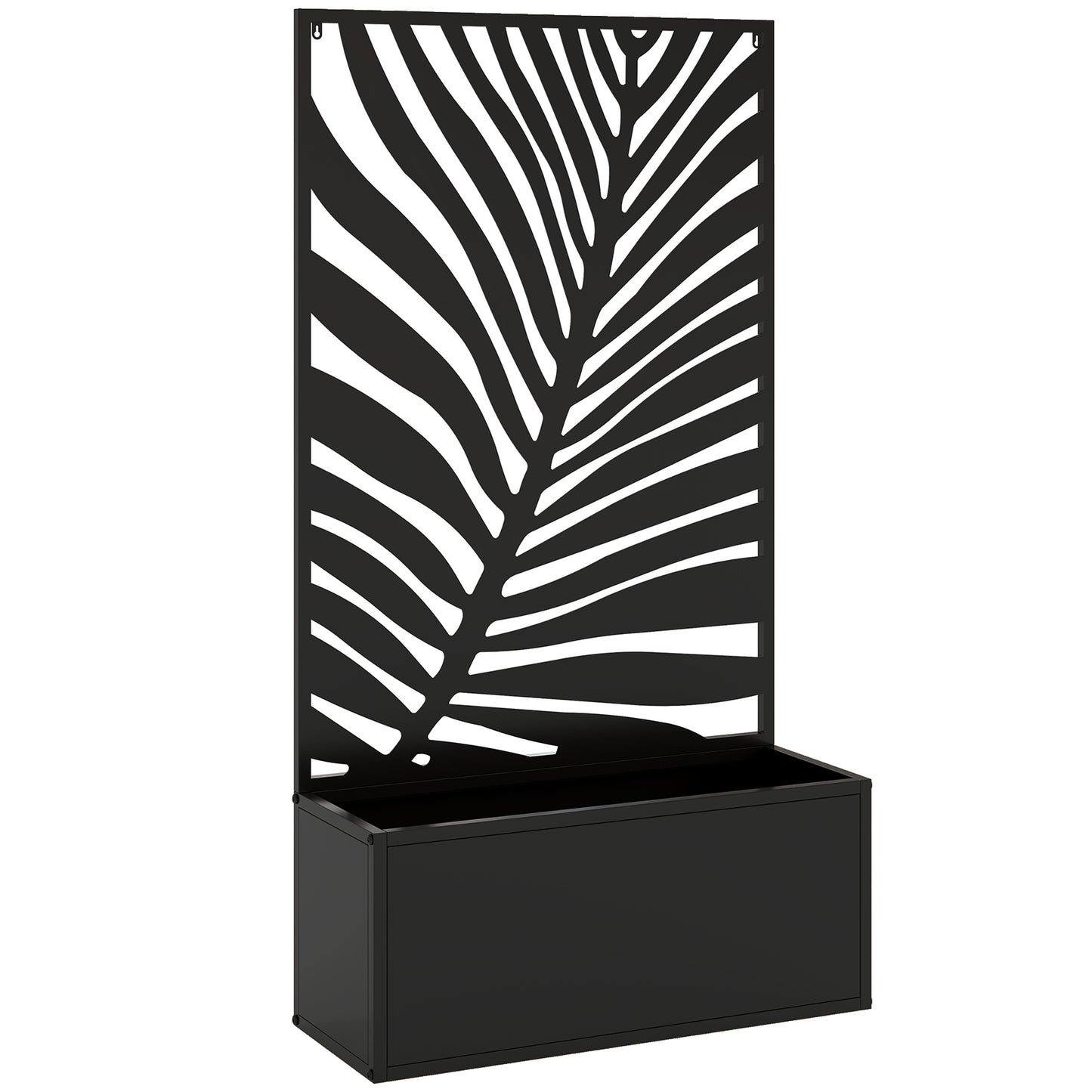 Metal Raised Planter with Large Leaf Cut-Out Trellis & Privacy Screen | Wall Mounted or Freestanding | 29L Soil | 50kg | Powder-Coated | 61x23x113cm | Climbing Plants | Black