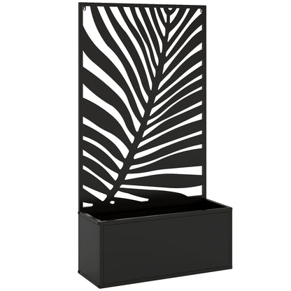 Metal Raised Planter with Large Leaf Cut-Out Trellis & Privacy Screen | Wall Mounted or Freestanding | 29L Soil | 50kg | Powder-Coated | 61x23x113cm | Climbing Plants | Black