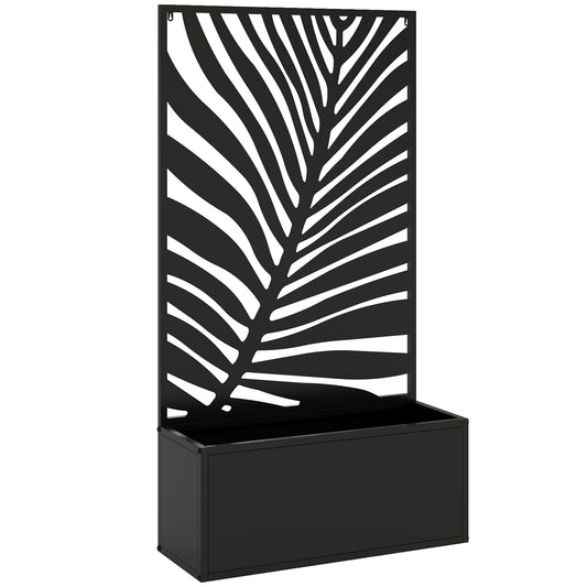 Metal Raised Planter with Large Leaf Cut-Out Trellis & Privacy Screen | Wall Mounted or Freestanding | 29L Soil | 50kg | Powder-Coated | 61x23x113cm | Climbing Plants | Black