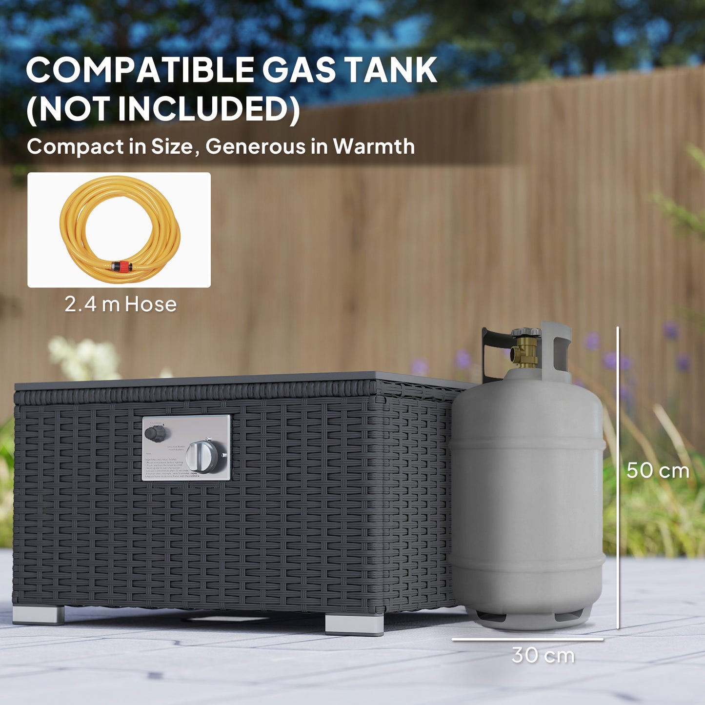 Five Piece Rattan Garden Furniture Set with Gas Fire Pit Table and Footstool - Black and Cream White