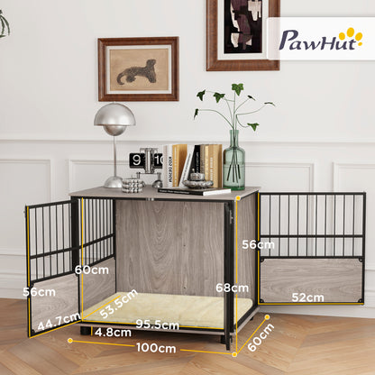 Dog Crate Furniture Side Table | 3 Doors | Washable Cushion | Steel Bar Ventilation | Dogs up to 20kg | 80 x 60 x 68cm | Walnut & Black