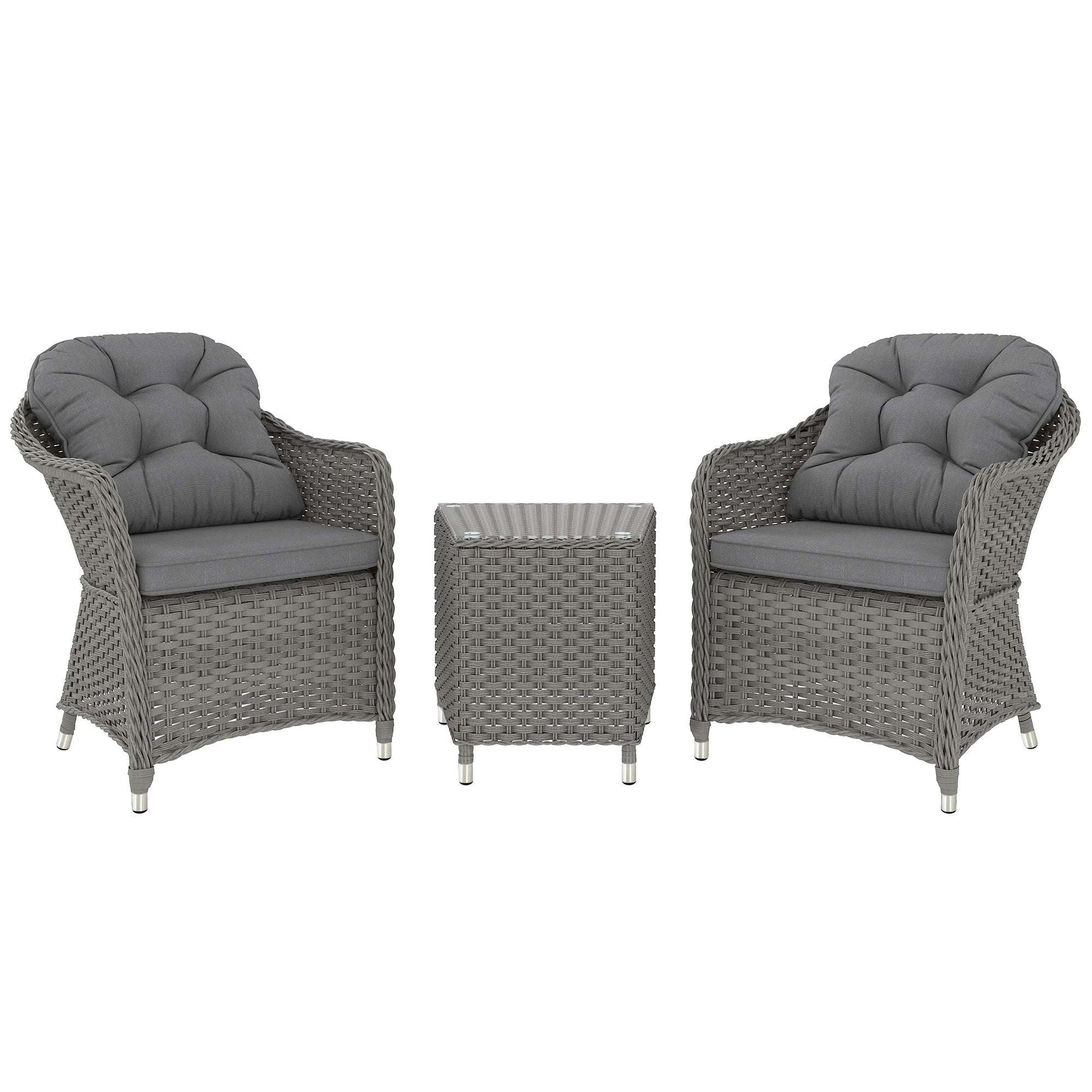 Outsunny 3 Pieces Rattan Bistro Set , Glass Top Balcony Table and Chairs with Cushions for Outdoor, Patio, Balcony, Light Grey