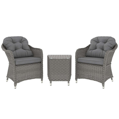 Outsunny 3 Pieces Rattan Bistro Set , Glass Top Balcony Table and Chairs with Cushions for Outdoor, Patio, Balcony, Light Grey