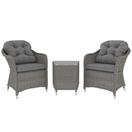 Outsunny 3 Pieces Rattan Bistro Set , Glass Top Balcony Table and Chairs with Cushions for Outdoor, Patio, Balcony, Light Grey