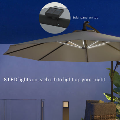 3(m) Cantilever Parasol with Solar LED Lights, Garden Umbrella with Cross Base and Crank Handle, Hanging Offset Banana Sun Shade for Outdoor, Patio