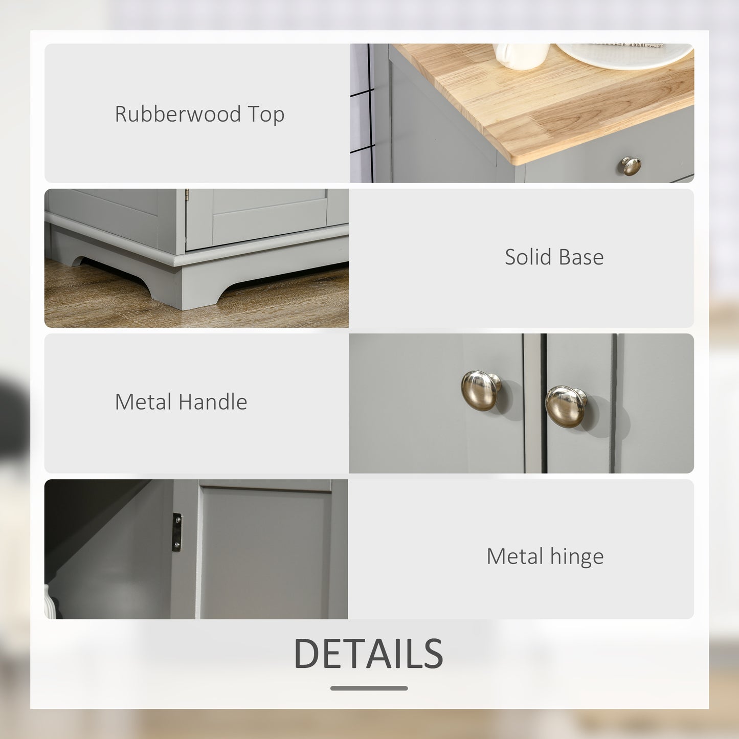 Sideboard with Rubberwood Top and Adjustable Shelves for Dining Room, Kitchen, Grey / Black / Rustic Brown